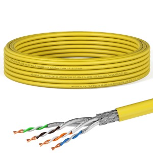 Gelbes hb-digital CAT 7 Netzwerkkabel, 10m, S/FTP, 1000 MHz, für Netzwerktechnik.