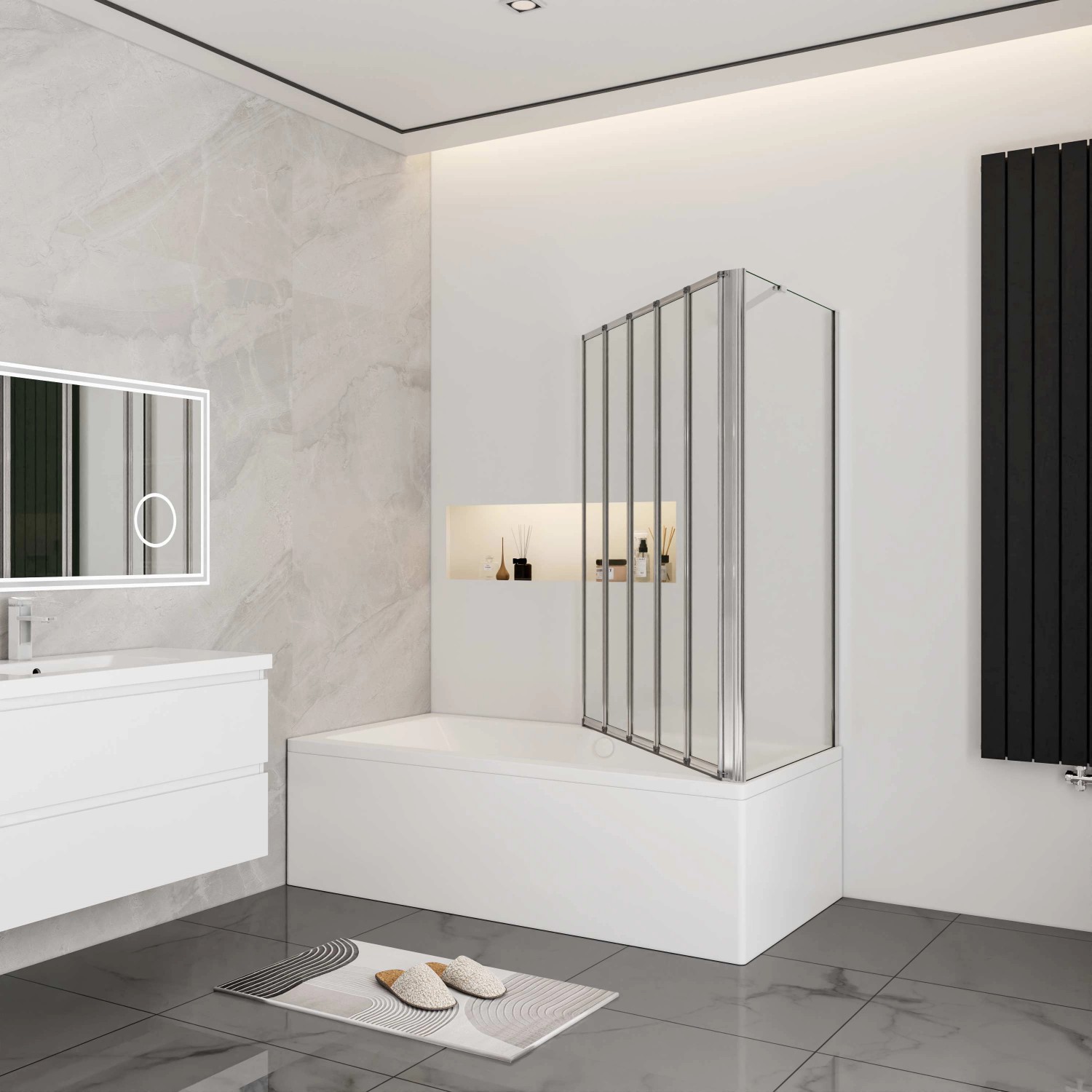 AICA 5-teilige Duschtrennwand als Faltwand auf Badewanne, Chrom-Optik.