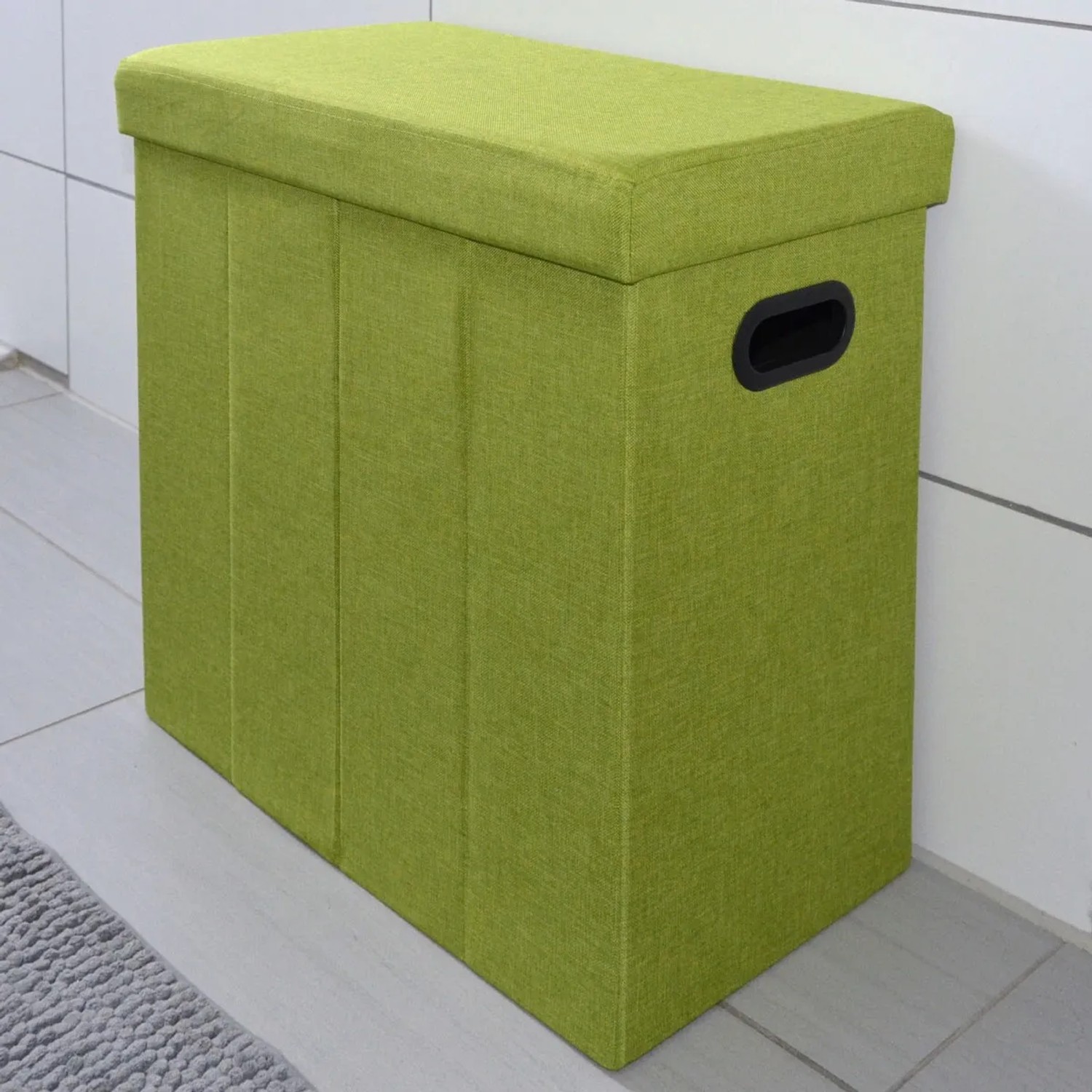 Grüner, faltbarer DuneDesign Wäschekorb (70L) in Leinen-Optik mit Deckel und Tragegriffen.