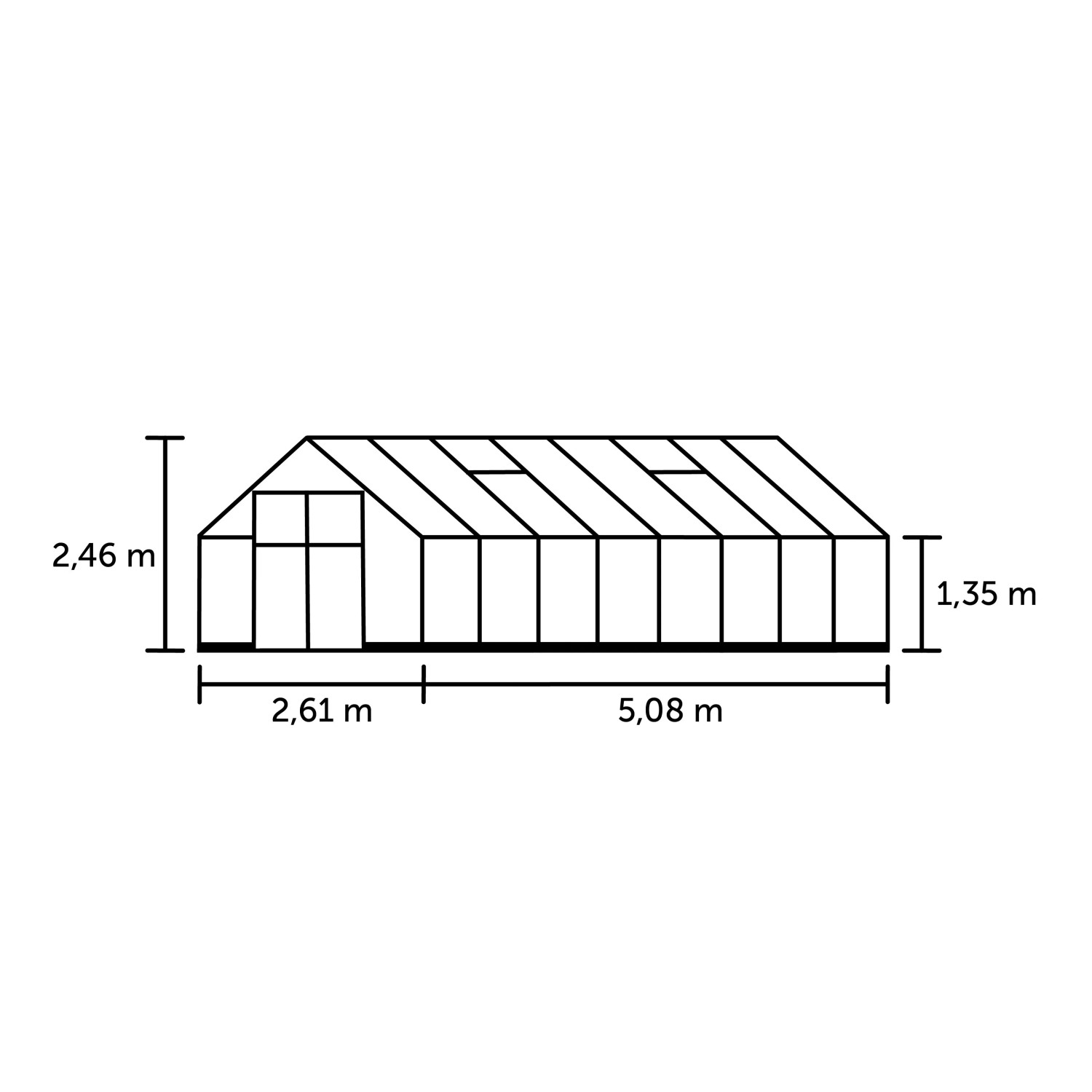 Skizze Halls Gewächshaus Qube+ 816, Maße: 246x261x508 cm, zur Pflanzenzucht.