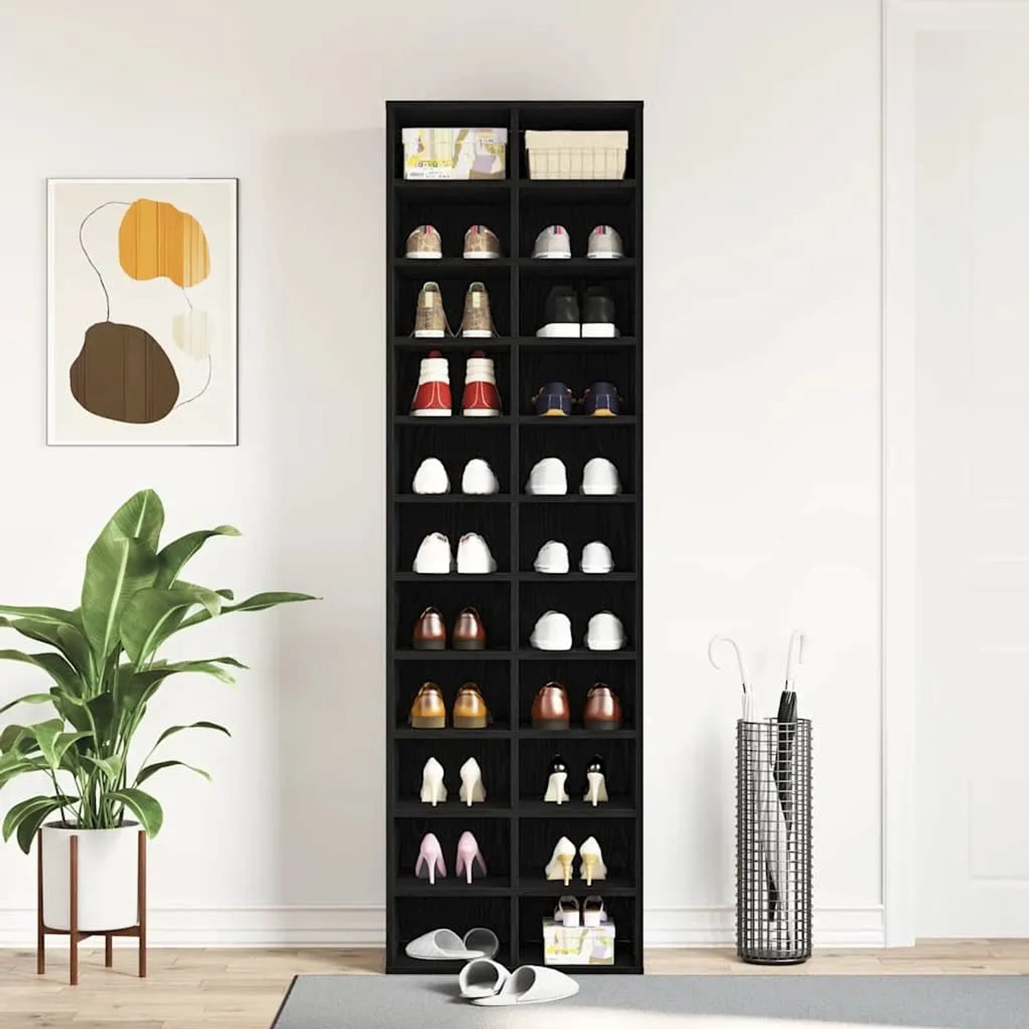 Schuhschrank in Schwarz Eichen-Optik mit 22 Fächern für eine ordentliche Schuhaufbewahrung.