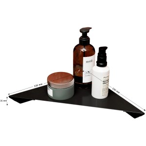 Eck-Duschablage von Schulte, mattschwarz, zur Klebemontage, mit Pflegeprodukten dekoriert.