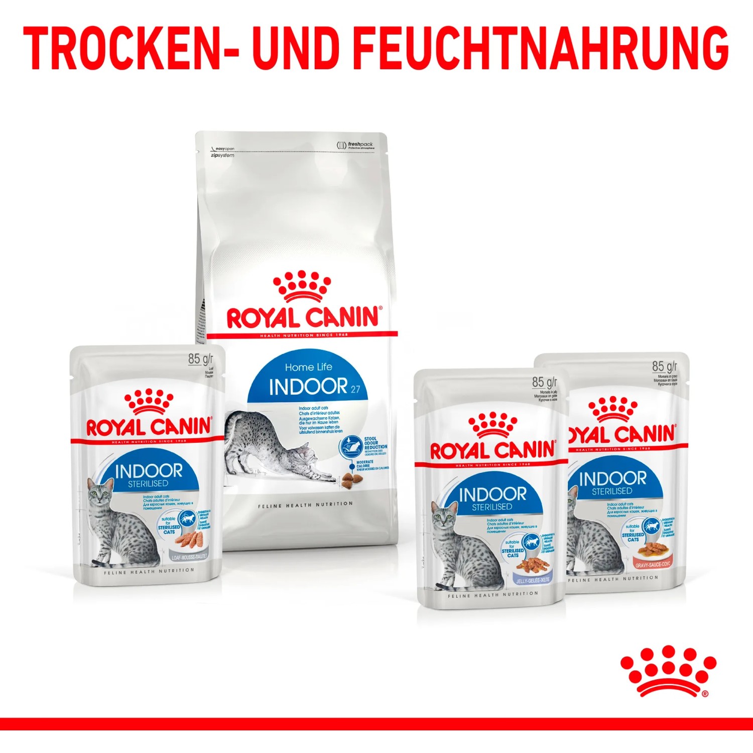Royal Canin Indoor Sterilised Nass- und Trockenfutter für Wohnungskatzen.