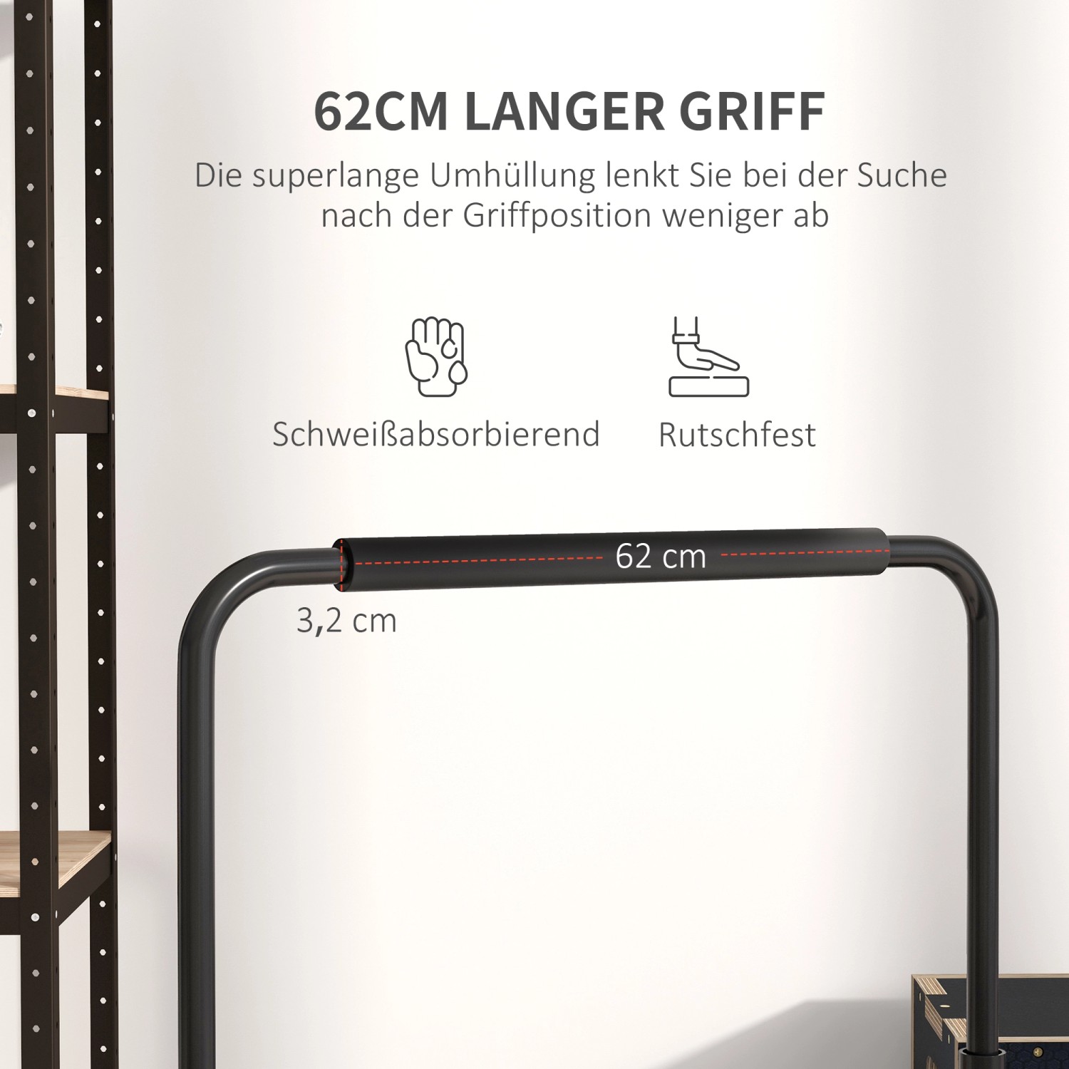 Detailaufnahme Dip Barren: 62 cm langer, rutschfester Griff für sicheren Halt beim Training.
