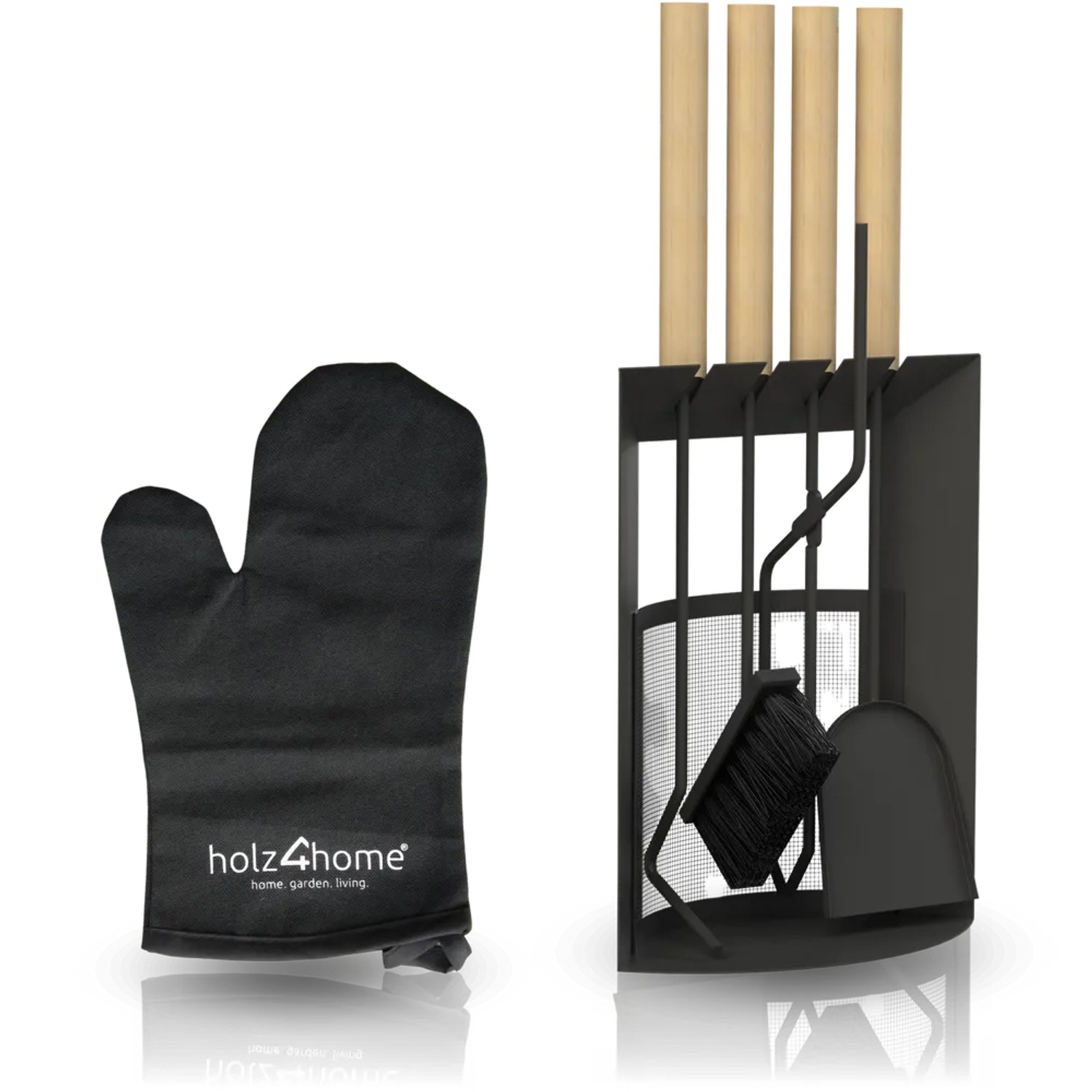 holz4home 6tlg. Kaminbesteck Schwarz mit Holzgriff inkl. Ofenhandschuh