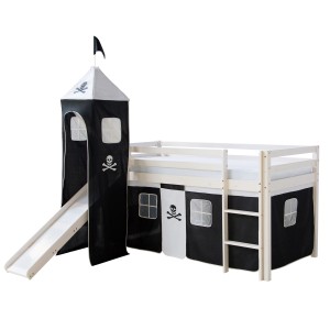 Weißes Homestyle4u Hochbett mit Rutsche, Turm und Piraten-Vorhang (90x200).