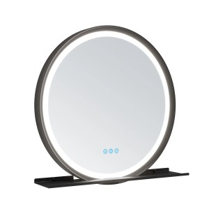 Aquabatos Rund 60 cm Badspiegel mit Beleuchtung LED Spiegel mit Ablage Schwarzer Aluminiumrahmen 3 Lichtfarben Dimmbar Antibeschlag Lichtspiegel