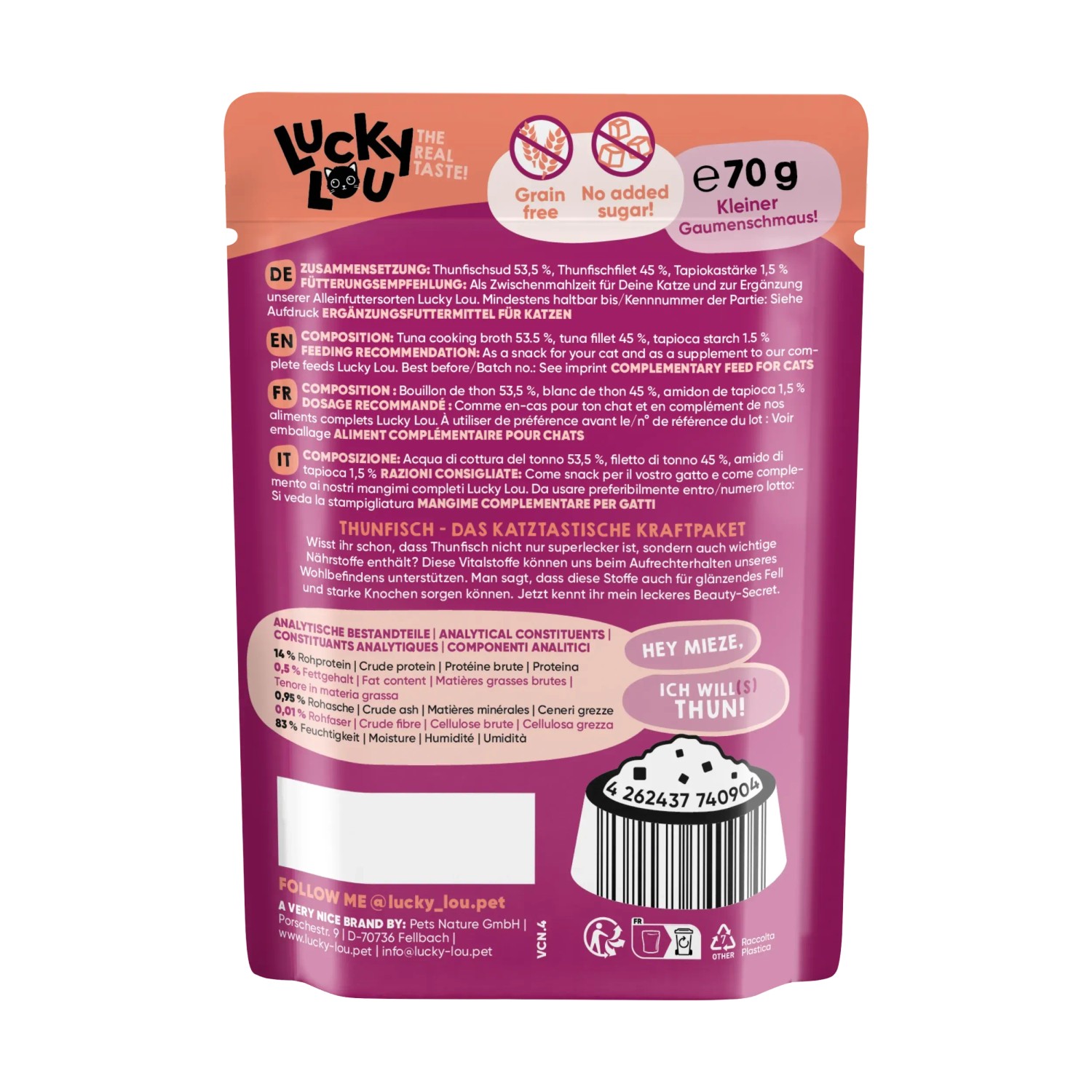 Lucky Lou Katzen-Nassfutter Thunfisch Filet in Broth, 70g. Ergänzungsfutter für Katzen.