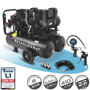 STAHLWERK Kompressor Set mit 22L Tank, Reifenfüller, Schlauch und Pistole. Ideal für Druckluftarbeiten.