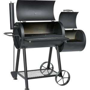 Schwarzer Jamestown Smoker Charlton Holzkohlegrill mit zwei Kammern und Ablage.
