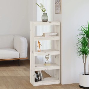Weißes Bücherregal aus massivem Kiefernholz mit 4 Fächern, als Raumteiler nutzbar, in modernem Wohnzimmer.
