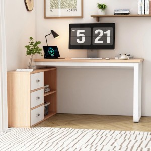 PXloue Bürotisch Schreibtisch 147 x 100 x 75 cm mit 3 Schubladen 2 Fächern Holzoptik Weiß