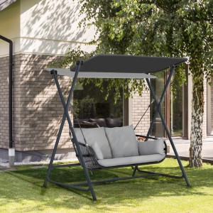 Anthrazitfarbene Leco Hollywoodschaukel Marie mit Sonnendach und grauen Kissen im Garten.