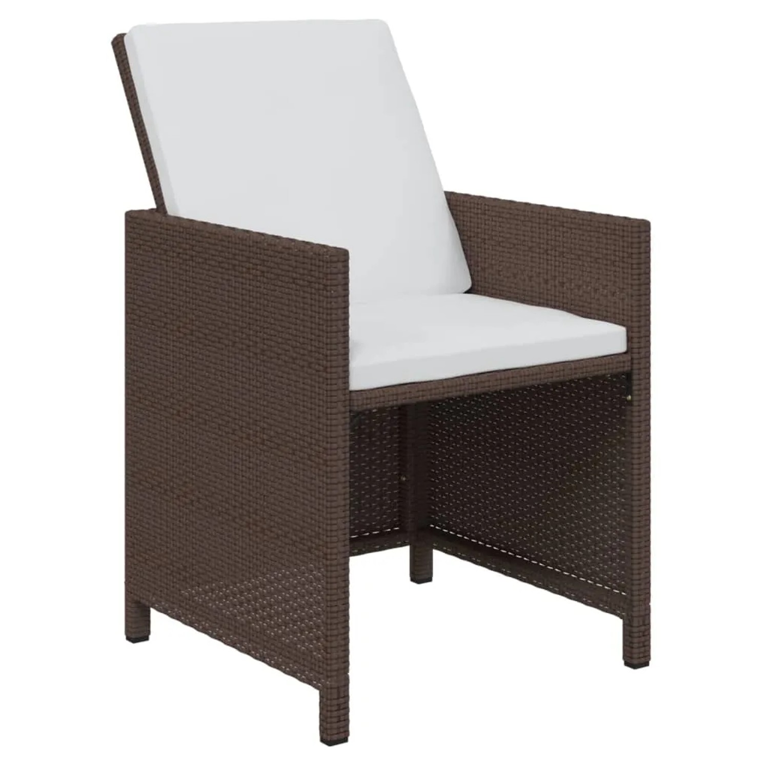 Brauner Rattan Gartenstuhl mit weißen Kissen, Teil der vidaXL Essgruppe.