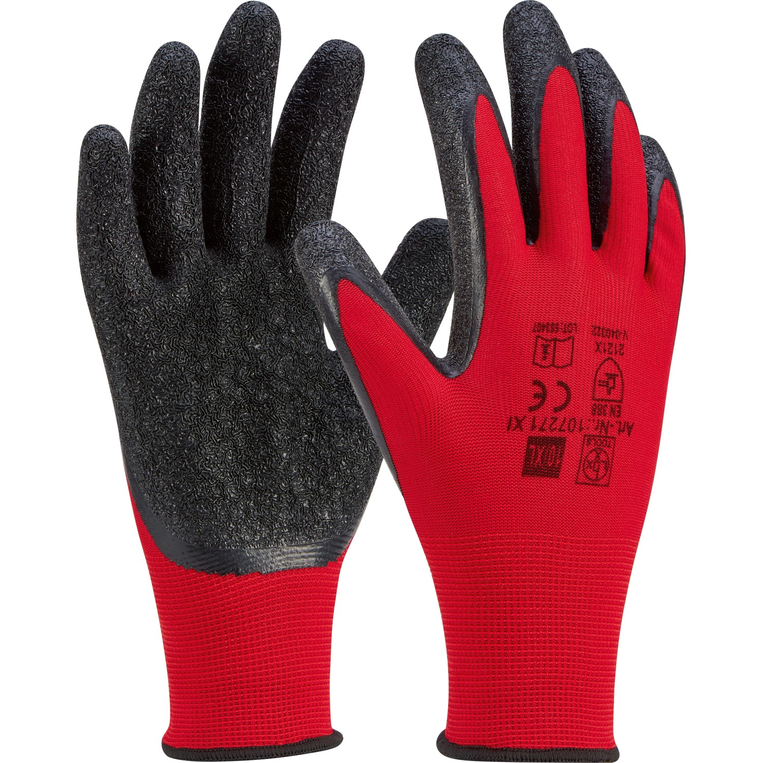 Arbeitshandschuhe Latex Rot, 5er-Pack, Größe 8. Rutschfeste, schwarze Handfläche, roter Handrücken.