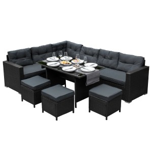 Schwarzes Polyrattan Gartenmöbel Set mit Ecksofa, Tisch und Hockern. 9-Sitzer Gartenlounge.