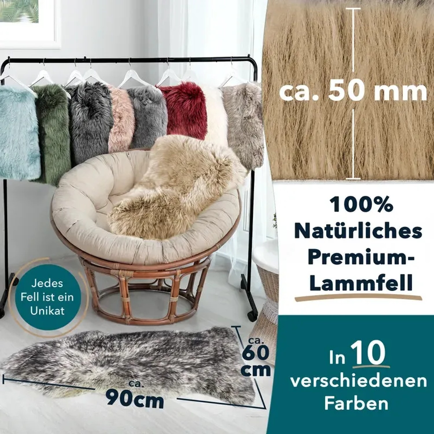 KARAT Schaffelle in verschiedenen Farben auf Kleiderständer und Sessel, Größenangabe.