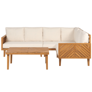 Beliani Sitzgruppe BARATTI, hellbeige Gartenmöbel aus Akazienholz mit Tisch und Polstern.