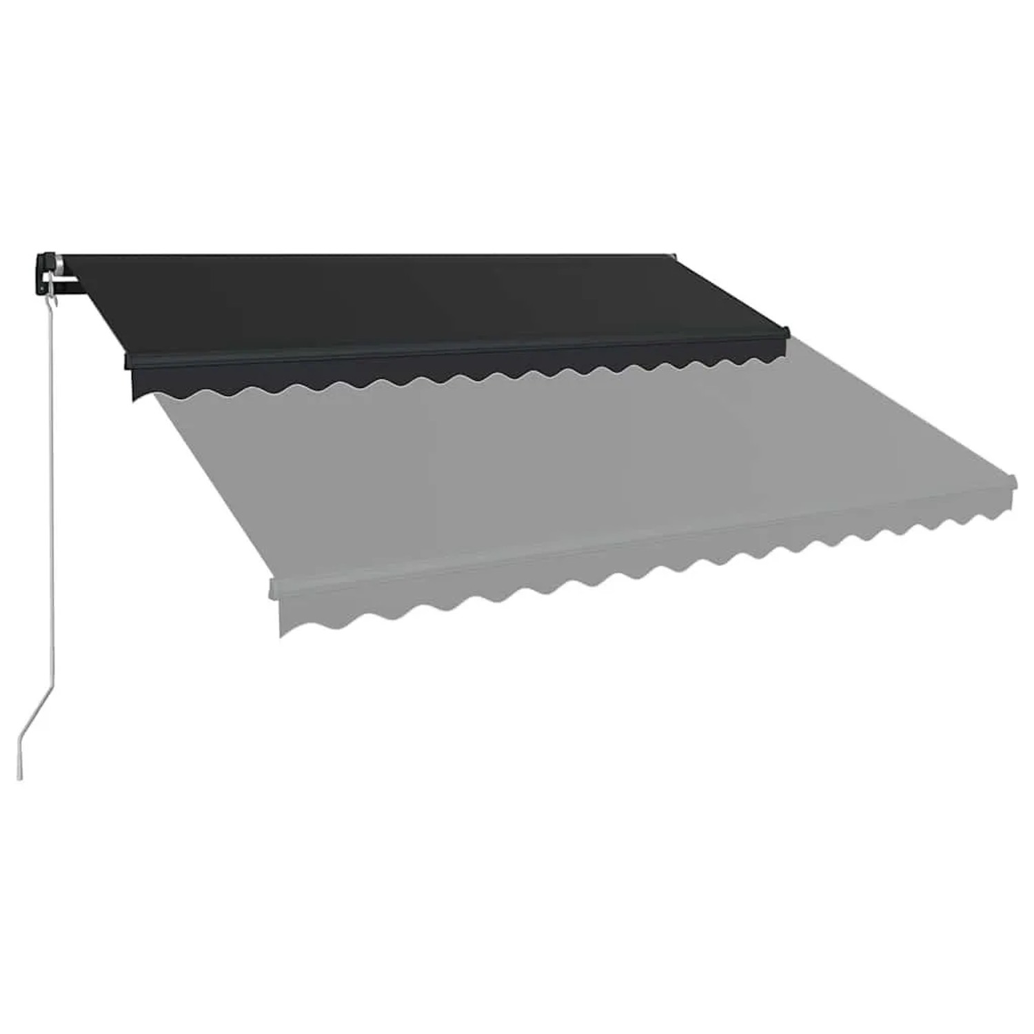 Manuelle, anthrazitfarbene Markise mit grauem Rahmen und Kurbel. Einziehbarer Sonnenschutz mit LED für Terrasse.