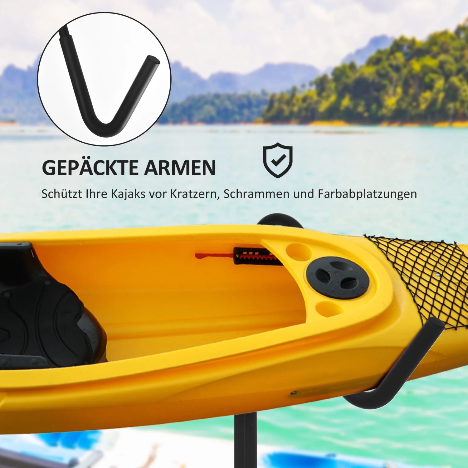 SPORTNOW Kajak Gestell aus Stahl, schwarz, mit gelbem Kajak. Boot-Zubehör für 2 Kajaks.