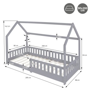 Hellgraues ML-Design Kinderbett 90x200 cm mit Matratze und Haus-Optik.