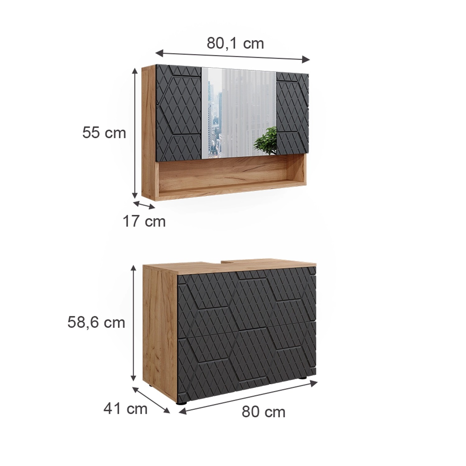 Vicco Badmöbel-Set Irma, 2-teilig, Eiche Goldkraft/Anthrazit: Unterschrank (80 cm) und Spiegelschrank.