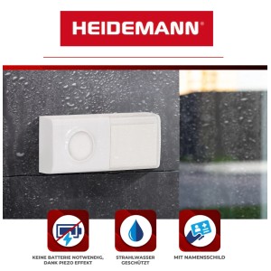 Heidemann Funkgong-Set Piezo I, batterielos, weiß-blau, strahlwassergeschützt mit Namensschild.