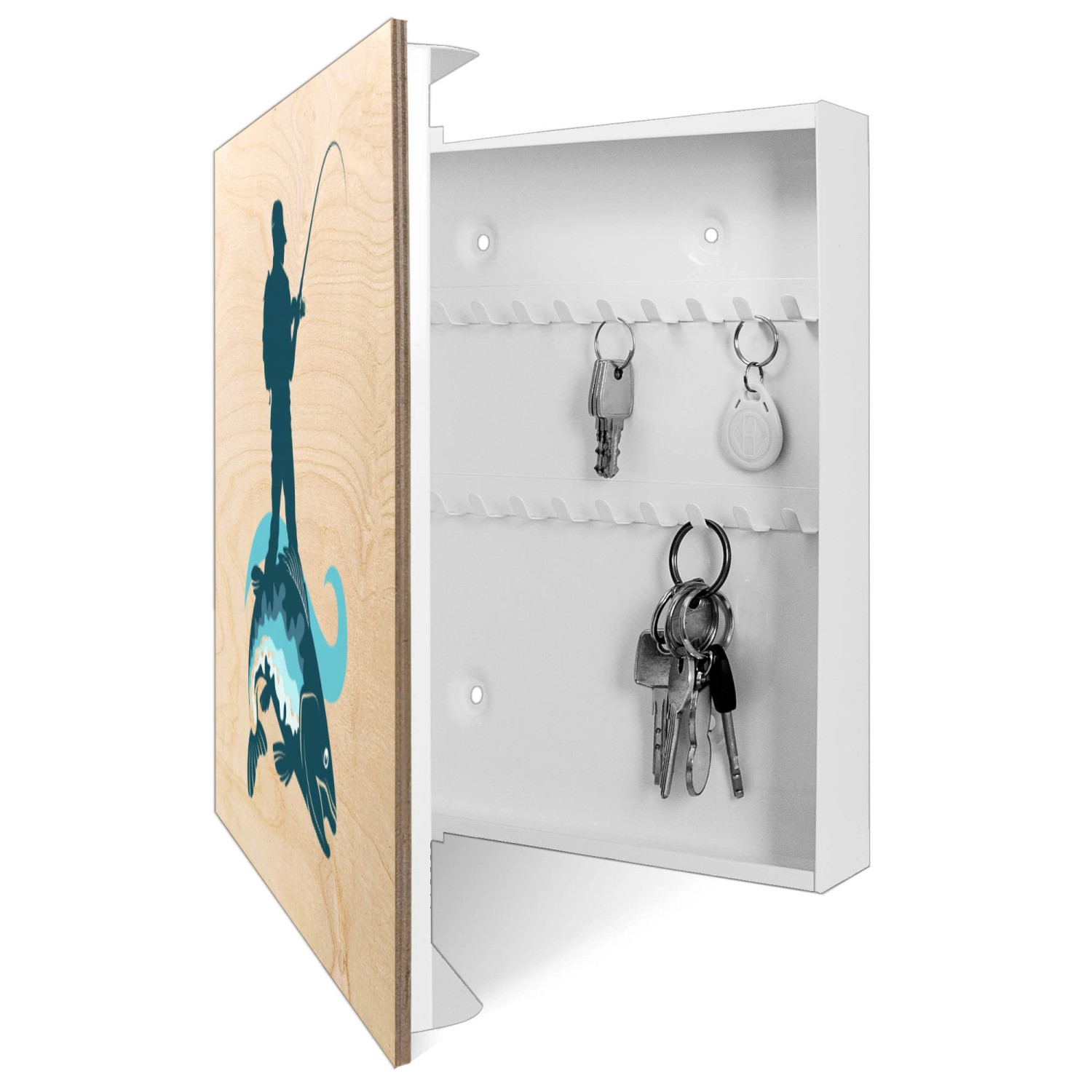 Weißer Schlüsselkasten mit Holzfront, Motiv Angler, 50 Haken für Schlüsselaufbewahrung.