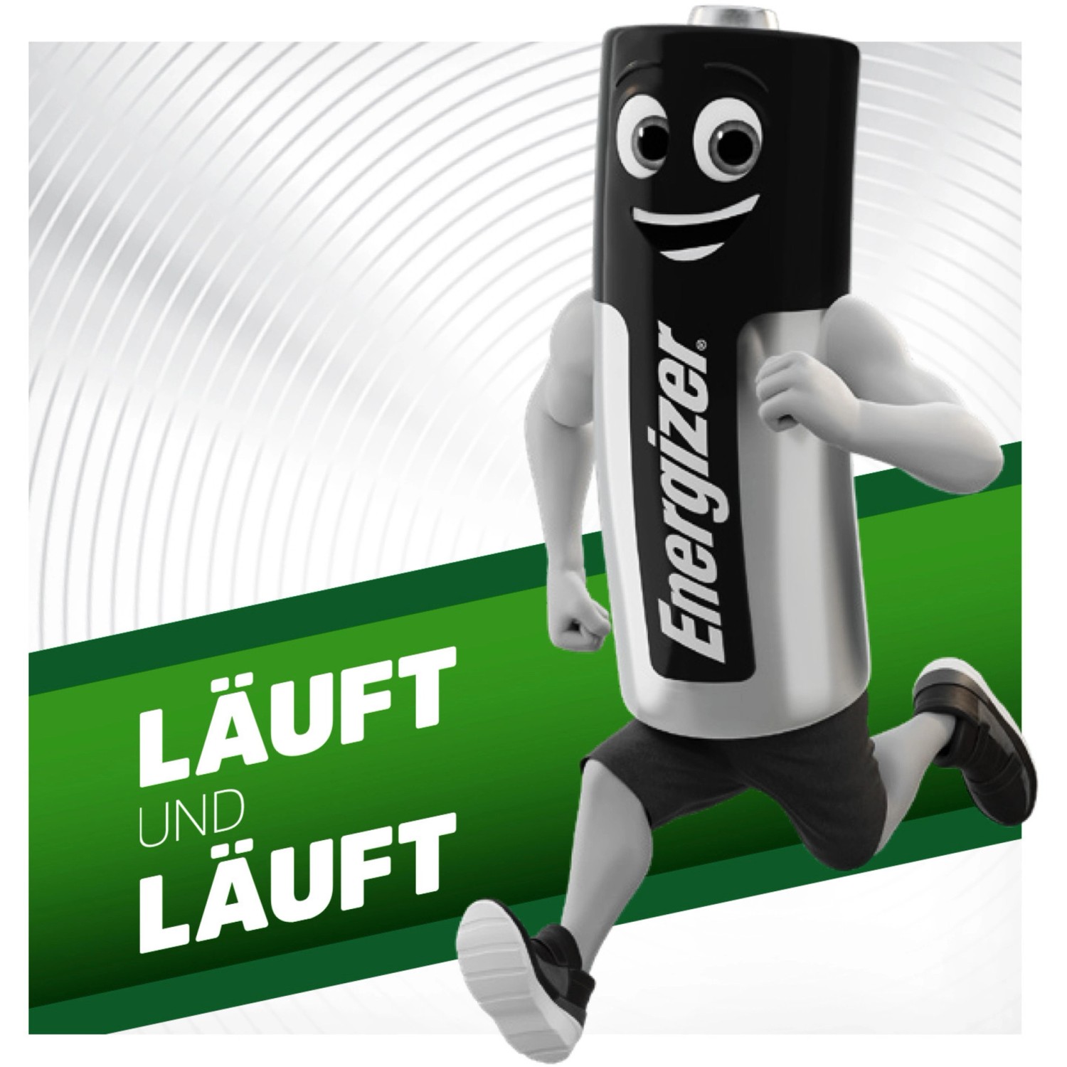 Energizer Akku Power Plus 9V E-Block als Comicfigur beim Laufen.