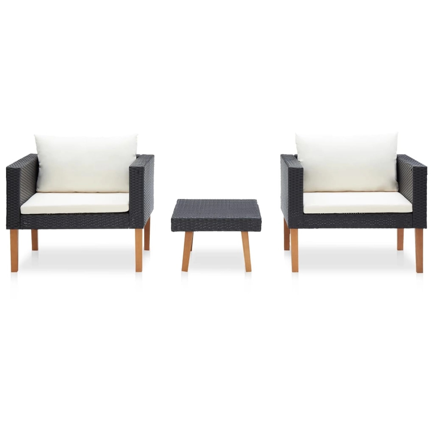 vidaXL 3-Tlg. Garten Lounge Set aus Rattan in Schwarz mit cremeweißen Auflagen.