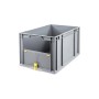 Graue PROREGAL Eurobox NextGen mit Entnahmeöffnung und gelbem Verschluss, 65 Liter.