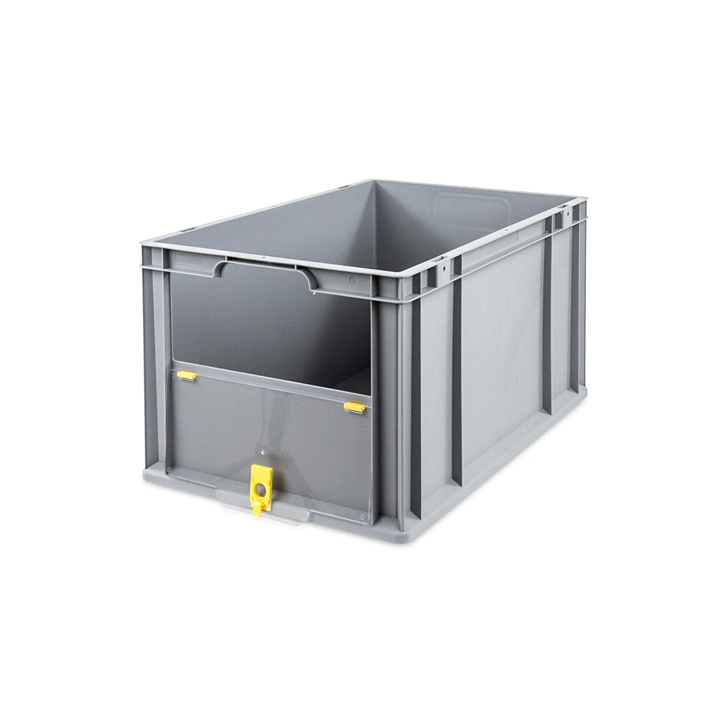 Graue PROREGAL Eurobox NextGen mit Entnahmeöffnung und gelbem Verschluss, 65 Liter.