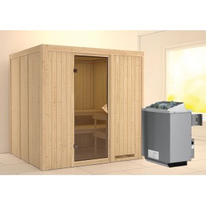 Karibu Sauna-Set Stina mit Ofen (9 kW) und integr. Steuerung. Massivholzsauna aus Fichte mit Glastür.