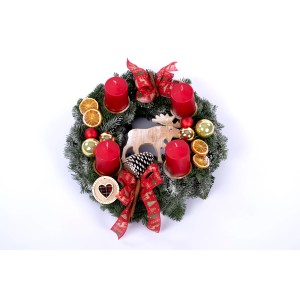 Garnierter Adventskranz (35 cm) mit roten Kerzen, Kugeln, Schleifen und Holzelch.