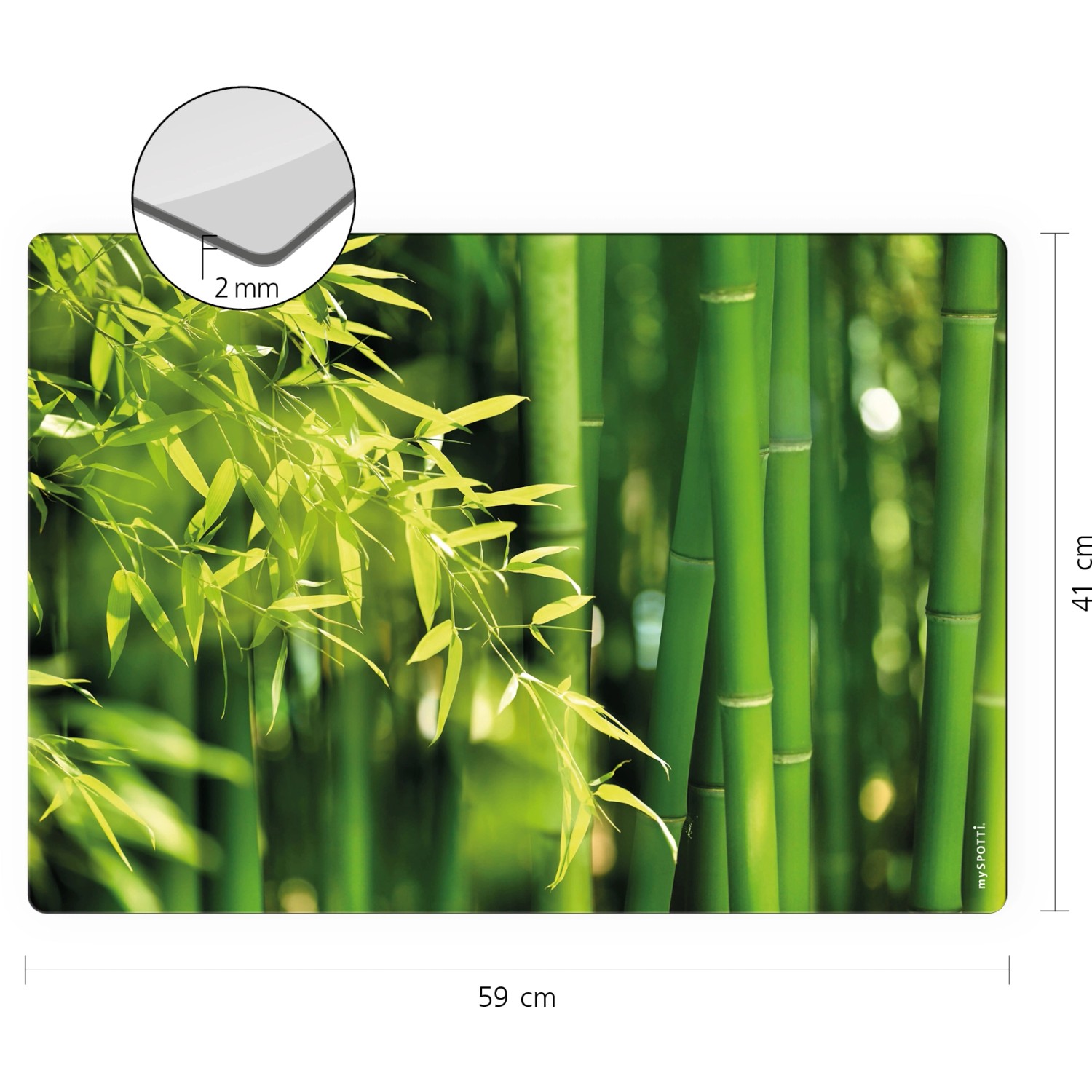 Myspotti Mini-Spritzschutzplatte mit Bambuswald-Motiv, 59x41cm, für die Küche.