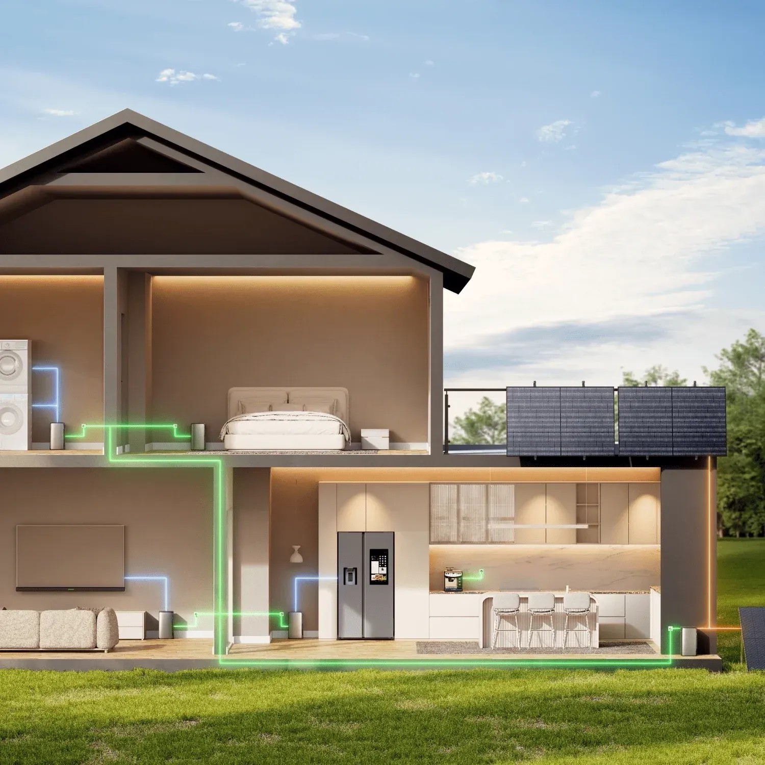 Hausquerschnitt mit EcoFlow Balkonkraftwerk (4 Module, 1,92 kWh Speicher) und Smart Meter zur Energieversorgung.