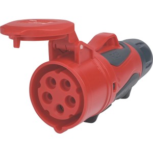 Rote PCE CEE Kupplung, 5-polig, 16A, 400V, IP44/IP54. Robuste Ausführung mit gummiertem Griff.