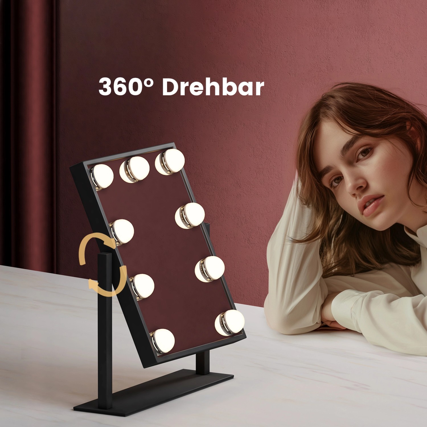 Emke Hollywood Kosmetikspiegel mit 7x Vergrößerung, 360° drehbar und Beleuchtung.