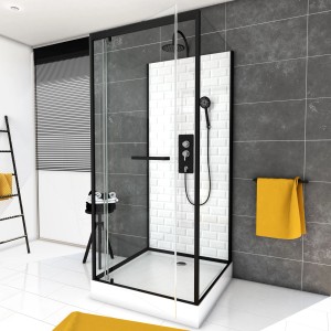 Aurlane Komplettdusche Metro 90x90 cm mit schwarzem Rahmen, Kopf- und Handbrause.