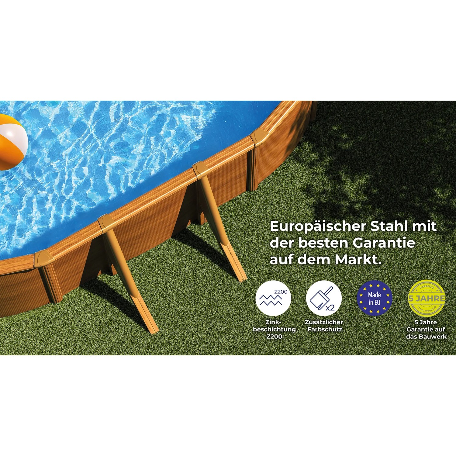 Ovaler Gre Pool Mauritius in Holzoptik, Stahlwandpool mit blauem Wasser und Ball.