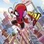 Buntes Spider-Man Wandbild „THWIP“ von Komar, 30x40 cm, im Comic-Stil vor Stadtkulisse.