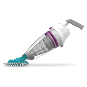 Poolomio Akkusauger Telsa 50 für mittlere bis große Pools, mit Bürste und transparentem Behälter.