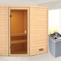 Woodfeeling Sauna Jella mit bronzierter Glastür und 9 kW Ofen. Massivholzsauna für entspannende Momente.