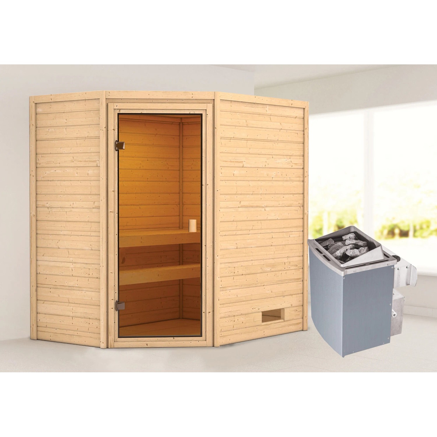 Woodfeeling Sauna Jella mit bronzierter Glastür und 9 kW Ofen. Massivholzsauna für entspannende Momente.