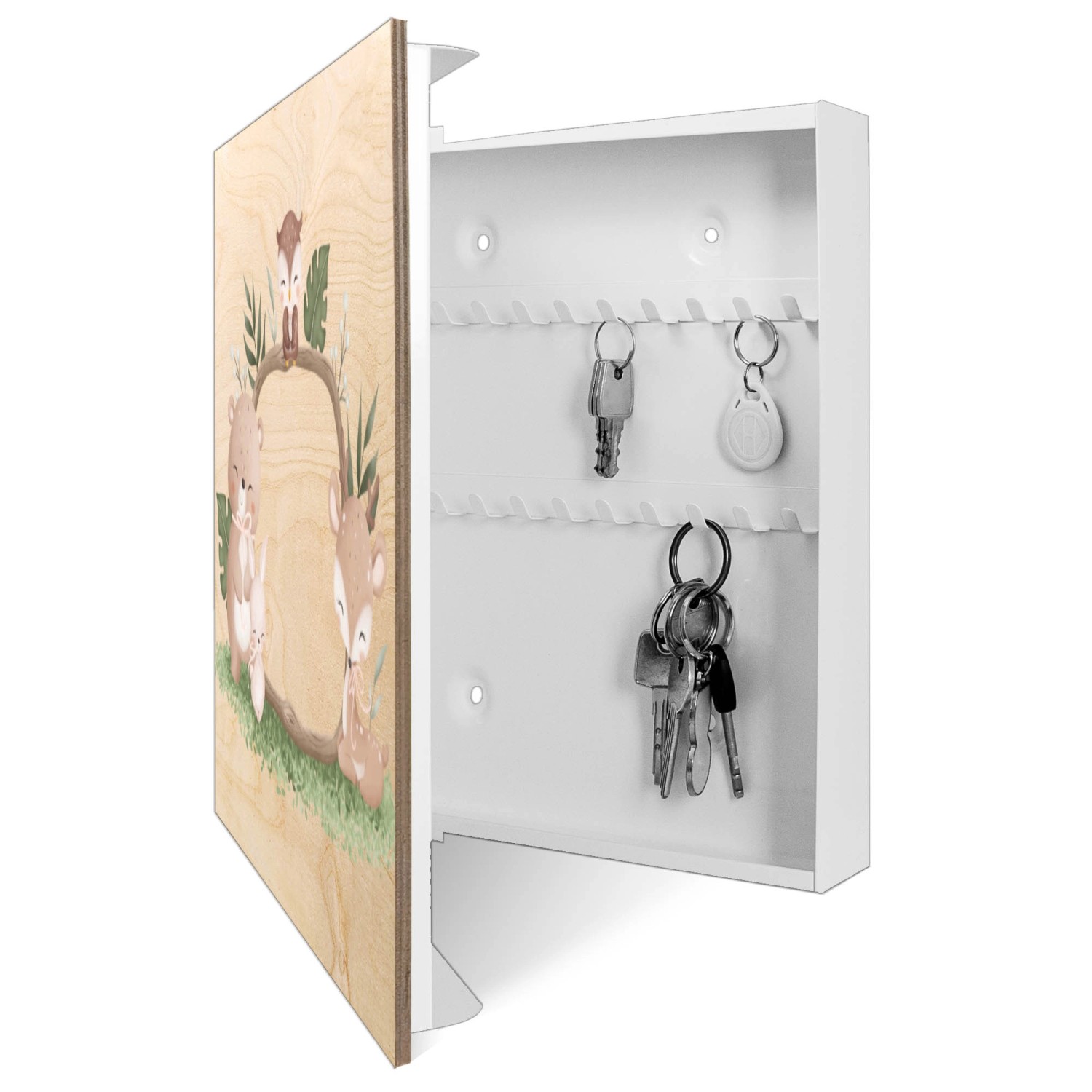 Banjado Schlüsselkasten mit Waldtier-Motiv, 30x30cm, weiße Box mit 50 Haken zur Schlüsselaufbewahrung.
