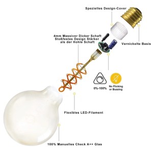 Explosionszeichnung NETTLIFE LED Leuchtmittel mit Vintage Spiralfilament, amberfarbenem Glas, E27 Sockel, dimmbar, flimmerfrei.