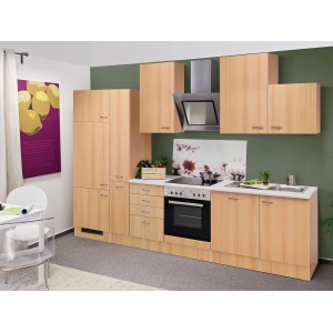 Flex-Well Küchenzeile Classic Nano 310 cm in Buche Nachbildung mit E-Geräten.
