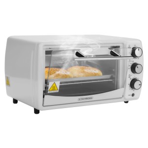 Steinborg Minibackofen SB-3005W, 13 Liter, 1200 Watt, weiß, mit Speisen im Garraum.