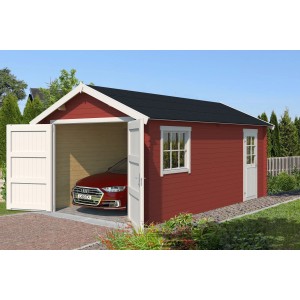 Lasita Garage Dillon, 300x540 cm, schwedenrot, mit geöffnetem Tor und Auto im Inneren.