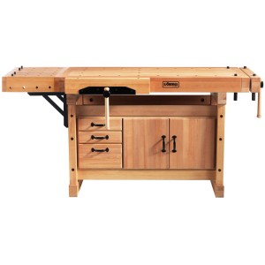 Sjöbergs Hobelbank Elite 1500 aus Buchenholz mit Schubladen und Schranktüren.